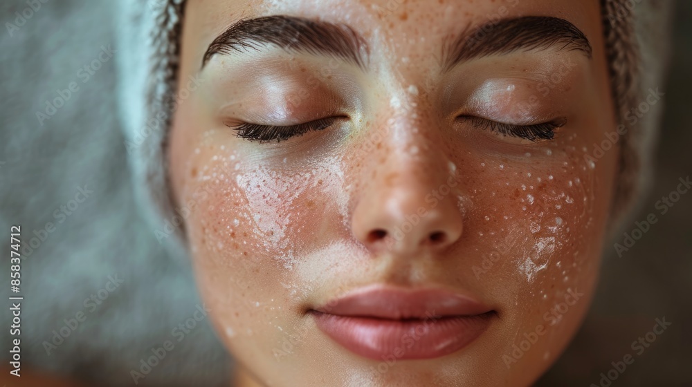 This image is a close-up of a woman face with a white facial mask applied. She has her eyes closed and is relaxing, likely receiving a spa treatment This image is a close-up of a woman face with a white facial mask applied. She has her eyes closed and is relaxing, likely receiving a spa treatment