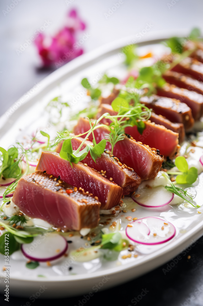 Close-up of a gourmet tuna tataki garnished with fresh microgreens, sliced radishes, and sesame seeds on a white ceramic plate. Vertical, side view. Close-up of a gourmet tuna tataki garnished with fresh microgreens, sliced radishes, and sesame seeds on a white ceramic plate. Vertical, side view.