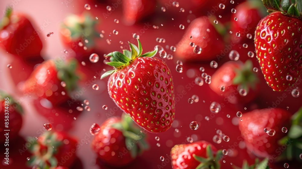 Fresh Strawberries Falling with Water Droplets Fresh Strawberries Falling with Water Droplets