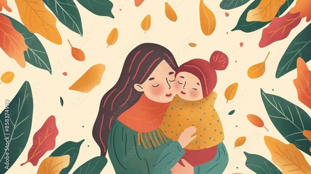 Mother and lovely child illustration design with leaves background Mother and lovely child illustration design with leaves background