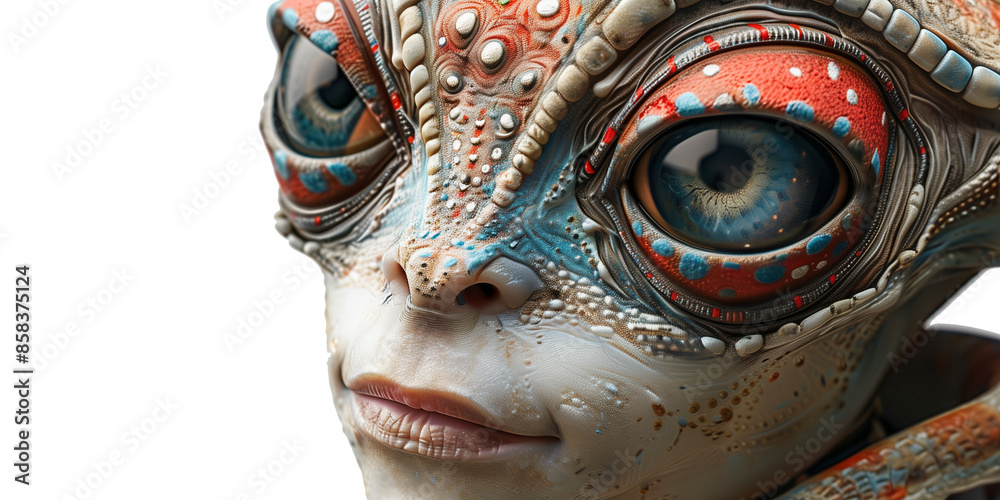 Fototapeta premium A close-up of an alien with large, intricate eyes and colorful, textured skin. Ideal for sci-fi and fantasy themes.