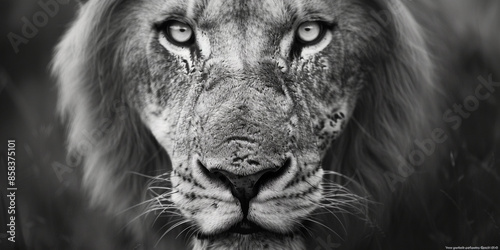 Close-up black and white photo of lion's face