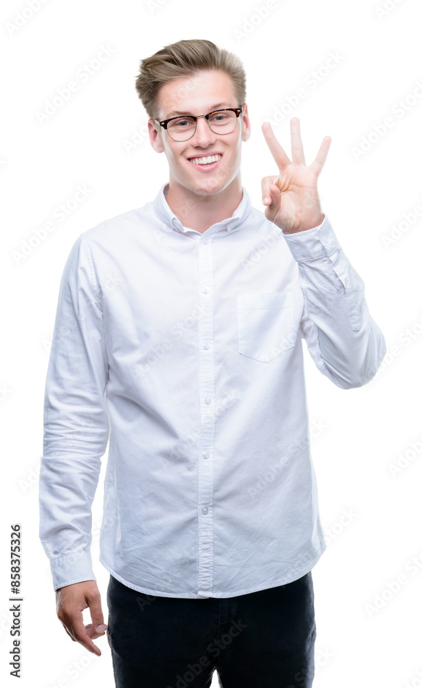 Young handsome blond man showing and pointing up with fingers number three while smiling confident and happy. Young handsome blond man showing and pointing up with fingers number three while smiling confident and happy.
