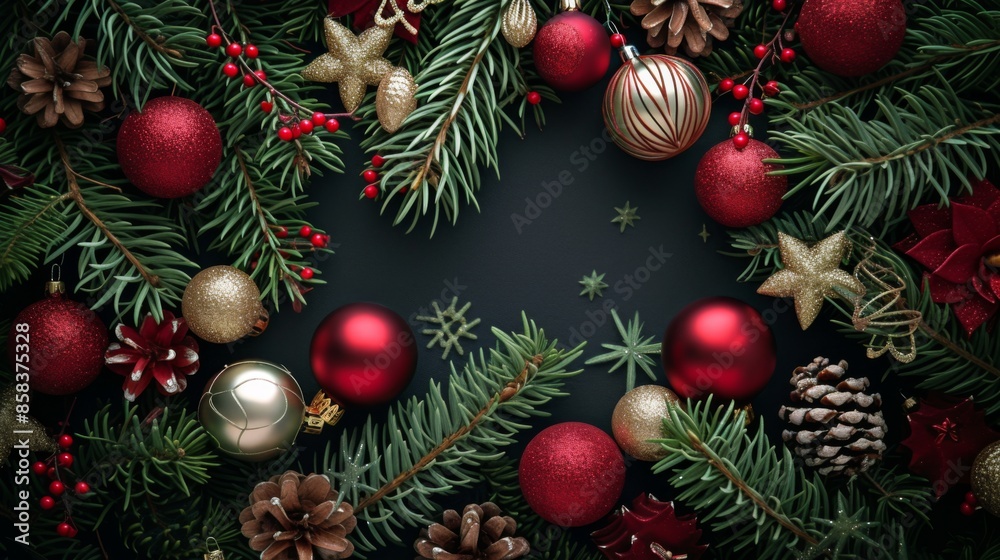 A festive Christmas composition featuring fir branches adorned with holiday ornaments and decorations A festive Christmas composition featuring fir branches adorned with holiday ornaments and decorations