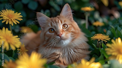  Curious cat gazes at camera amidst dandelion field