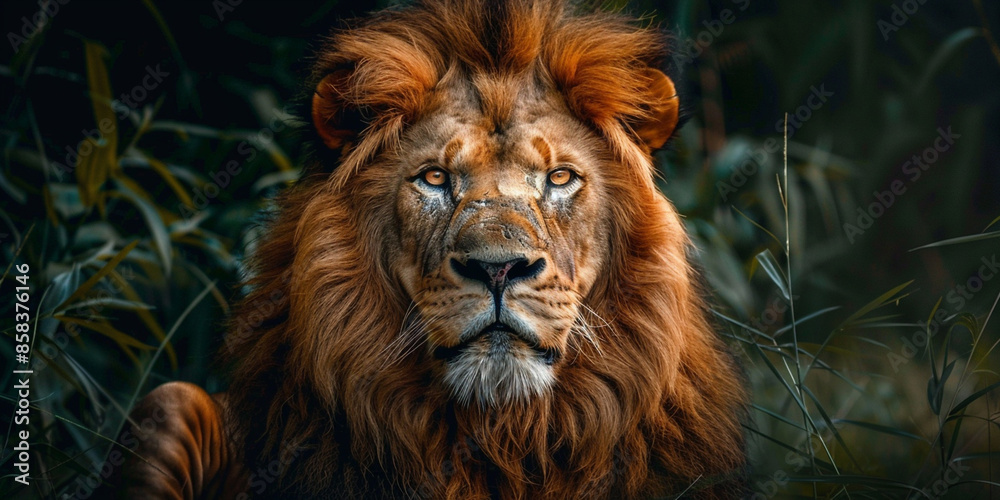 Naklejka premium A majestic lion with its head raised, sitting in the lush green grass of an African savannah