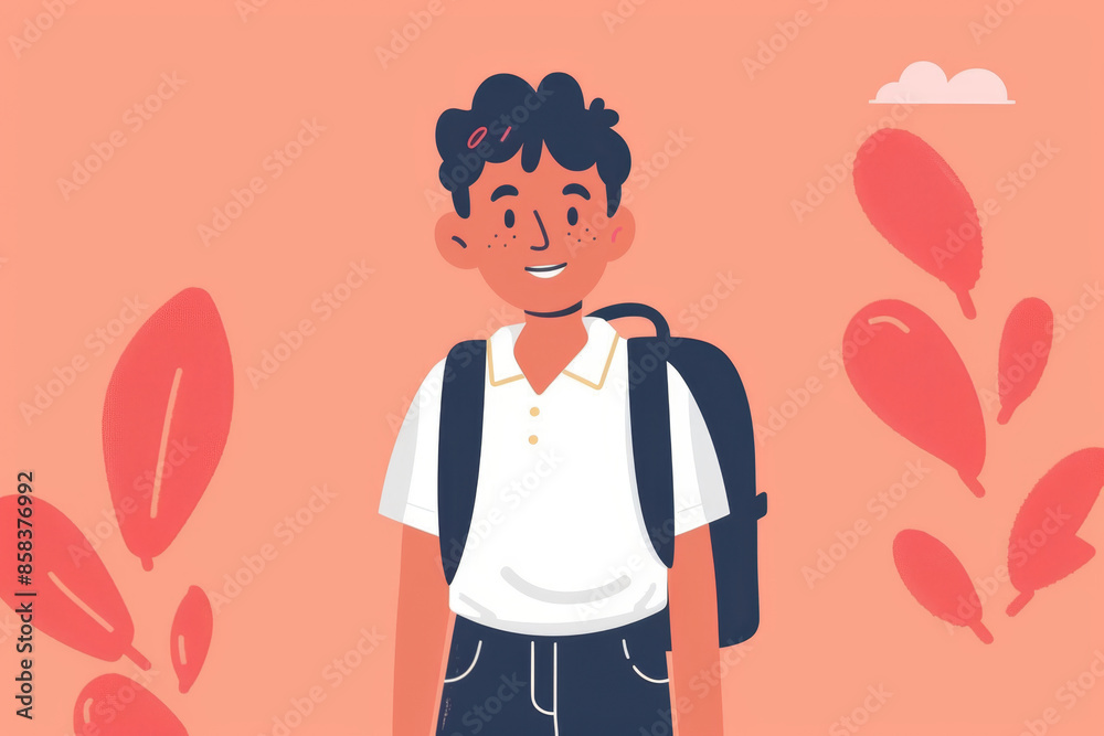 Happy student boy with a backpack, excited for school, ready to learn and grow