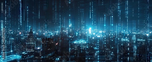 Cyberpunk Cityscape: Digital Rain Over Urban Skyline