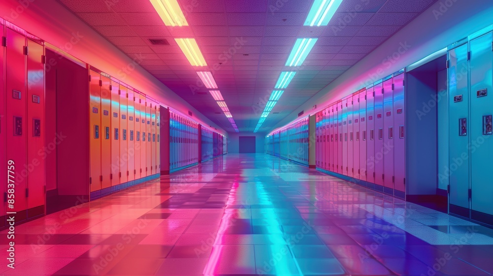 Empty school hallway with colorful lockers at dawn Empty school hallway with colorful lockers at dawn