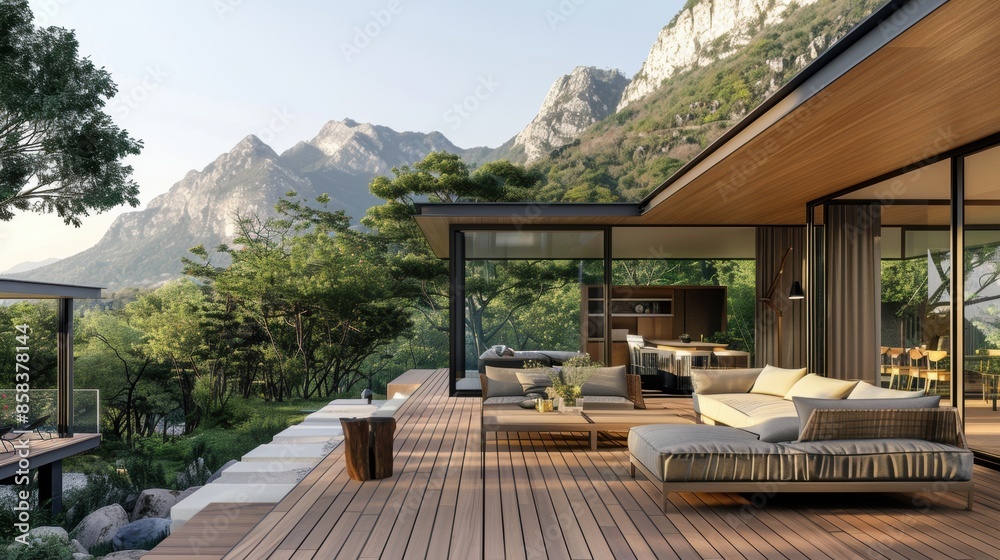 Obraz premium Modern deck with mountain views and lush greenery