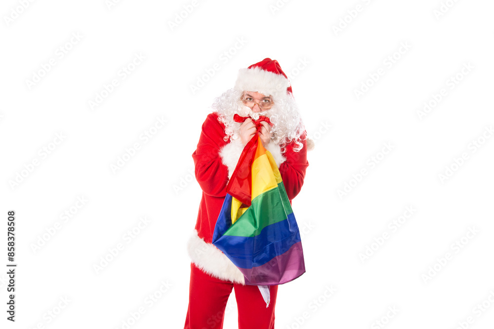 Funny Santa Claus with a gay flag. White background. Funny Santa Claus with a gay flag. White background.
