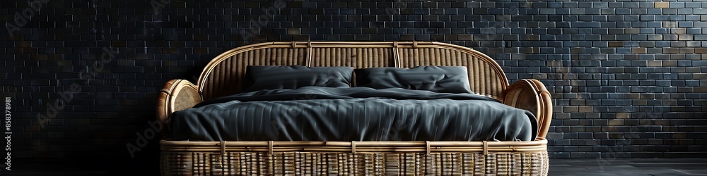Fototapeta premium Dark bedroom interior mockup, wooden rattan bed on empty dark brick wall background, Scandinavian style, 3d render