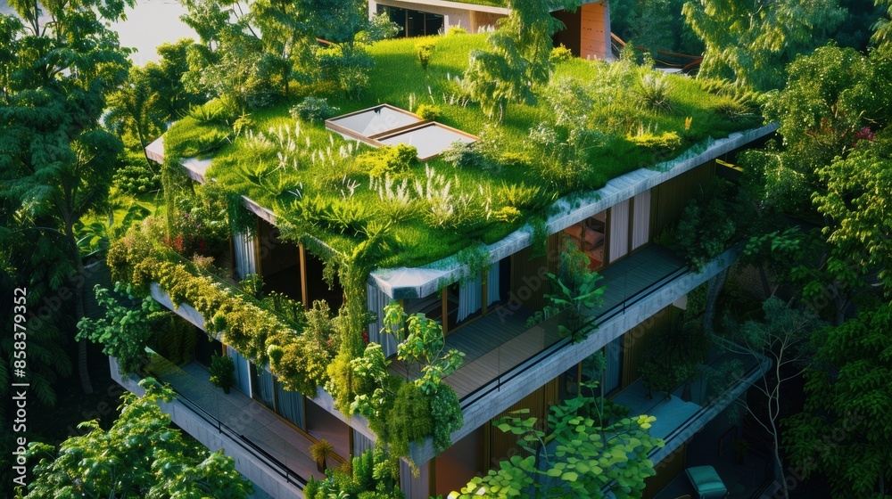 Green roof installation on a sustainable building in a lush forest setting Green roof installation on a sustainable building in a lush forest setting