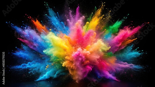 Explosion of vibrant colored dust powder on dark background, colorful, vibrant, explosion, powder, isolated, black, background © Woonsen
