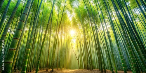 Tranquil bamboo forest bathed in morning light, Lush, green, serene, peaceful, tranquil, nature, trees, Asian, serene