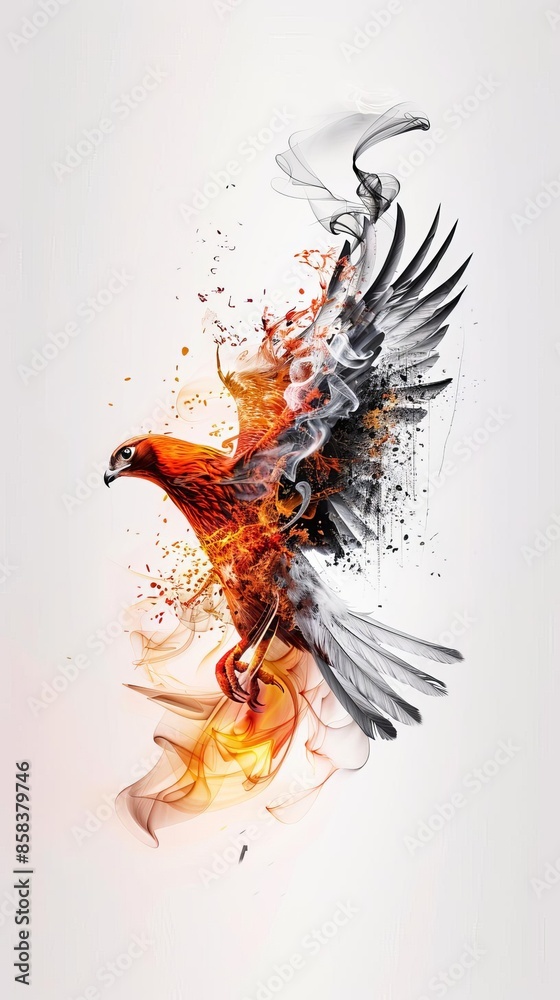 Obraz premium Abstract painting of a phoenix rising from ashes with fiery wings.