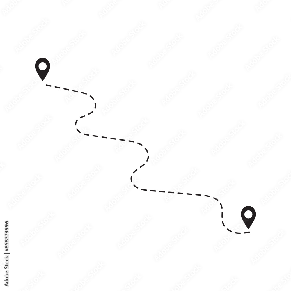 Route location icon, three map pin sign and road or path, start and end ...