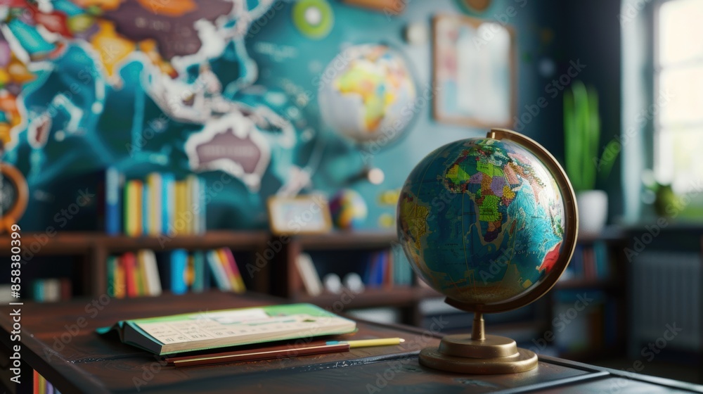 Detailed world globe and map on a wooden desk in a home office Detailed world globe and map on a wooden desk in a home office