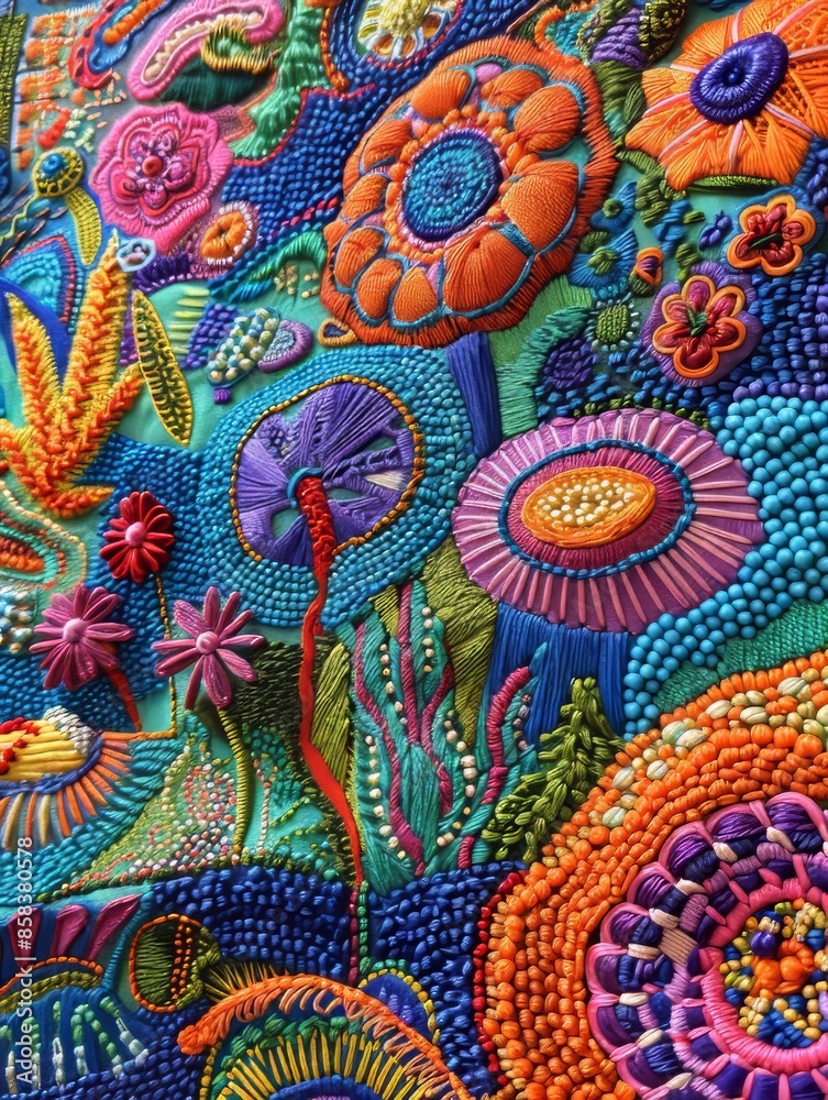 Embroidered bright colors detailed stitch pattern on white background. Embroidered bright colors detailed stitch pattern on white background.