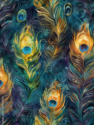 Feather PatternColorful Peacock Feathers on Dark Background. photo