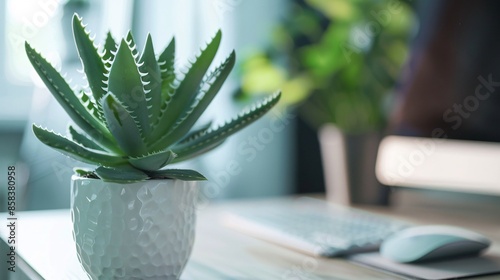 32k UHD macro image of a workspace setup featuring a laptop, wireless mouse, and succulent plant, with precise focus on the objects and a soft, blurred background