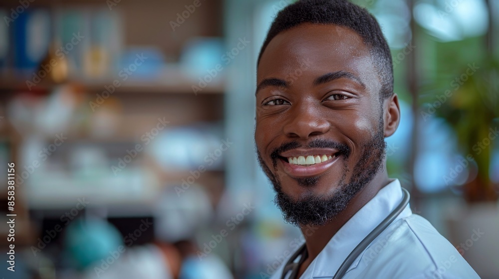 portrait of a friendly smiling African American young doctor in a white coat looking at the camera while in the clinic, copyspace portrait of a friendly smiling African American young doctor in a white coat looking at the camera while in the clinic, copyspace
