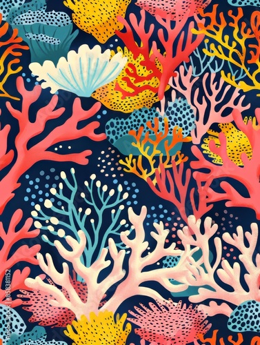 Underwater Bright Coral Reef PatternColorful Tropical Fish Swimming - Stock Image. photo