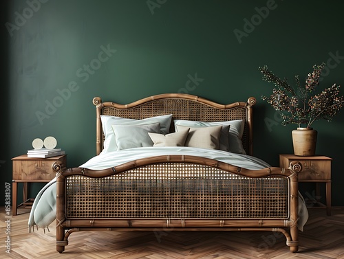 Fototapeta Naklejka Na Ścianę i Meble -  Dark bedroom interior mockup, wooden rattan bed on empty forest green wall background, Scandinavian style, 3d render