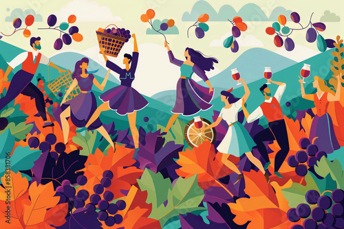 dancing in vineyards celebrating drinking wine illustration colorful design