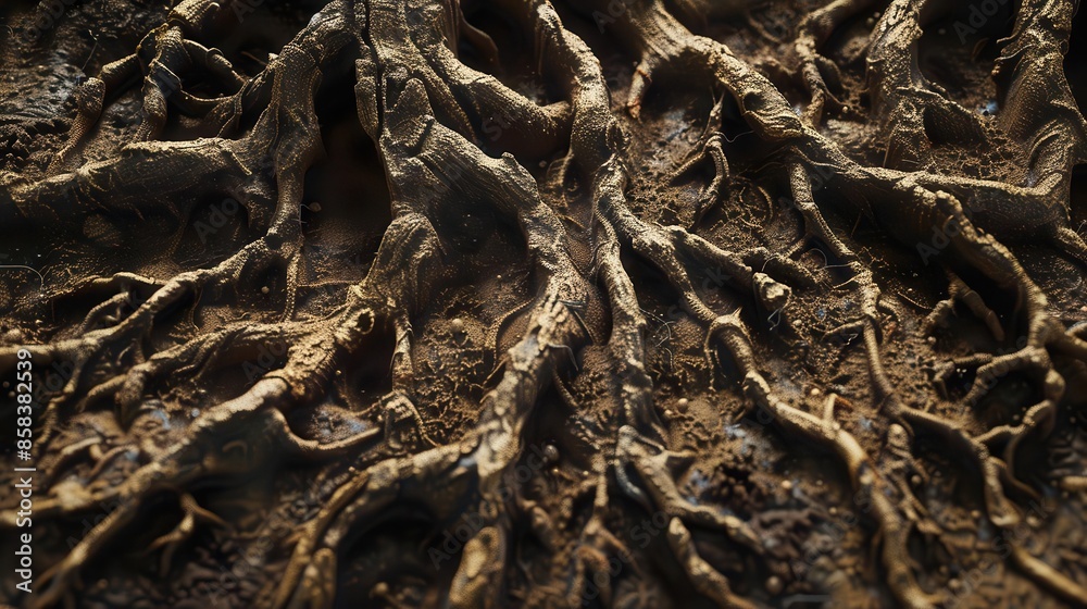 intricate tree roots in soil underground texture closeup generative ai illustration