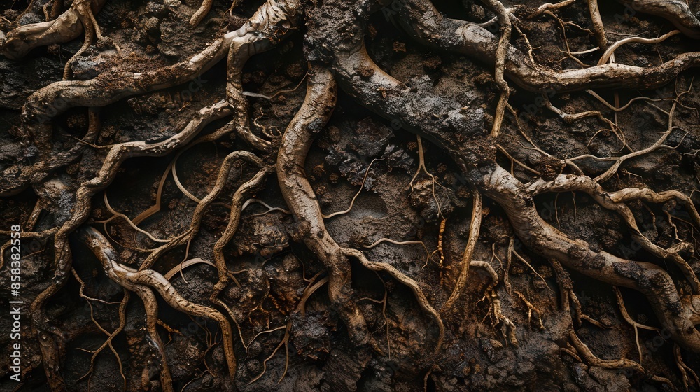 intricate tree roots in soil underground texture closeup generative ai illustration intricate tree roots in soil underground texture closeup generative ai illustration
