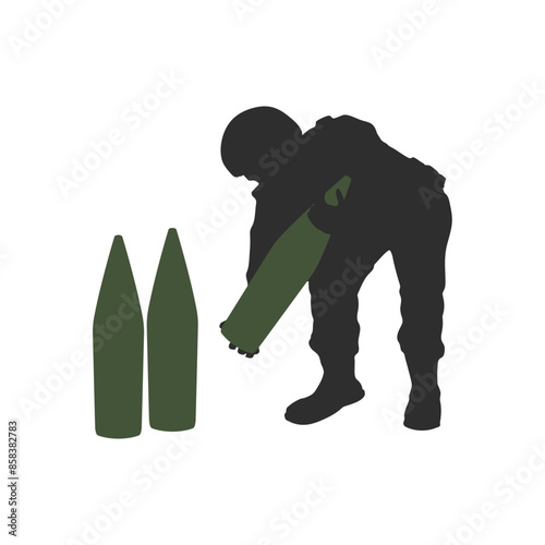 Isolated silhouette of a soldier raising artillery ammunition. Black drawing of a warrior serving a cannon. Modern war scene