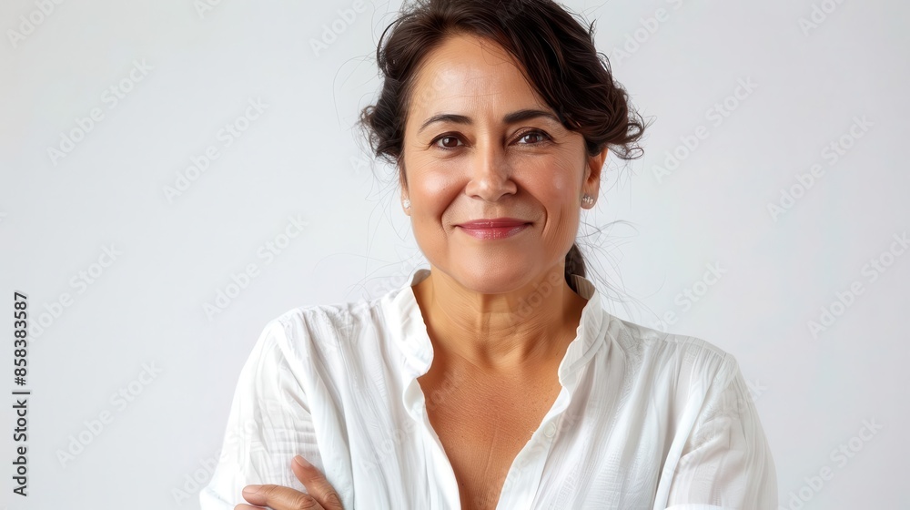 joyful middleaged hispanic woman with crossed arms and happy expression studio portrait on white background joyful middleaged hispanic woman with crossed arms and happy expression studio portrait on white background