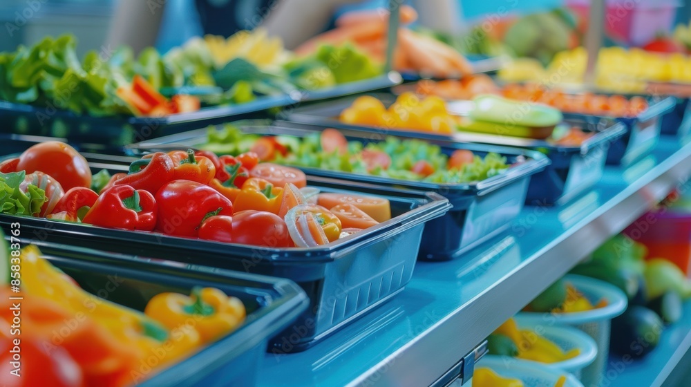 Colorful fresh vegetables displayed in a school canteen