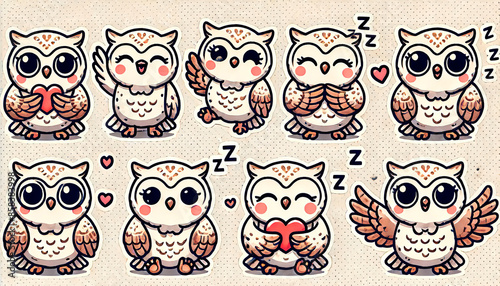 Cute cartoon owl stickers with various expressions and poses, perfect for children’s products, educational materials, merchandise, stationery, and playful designs.
