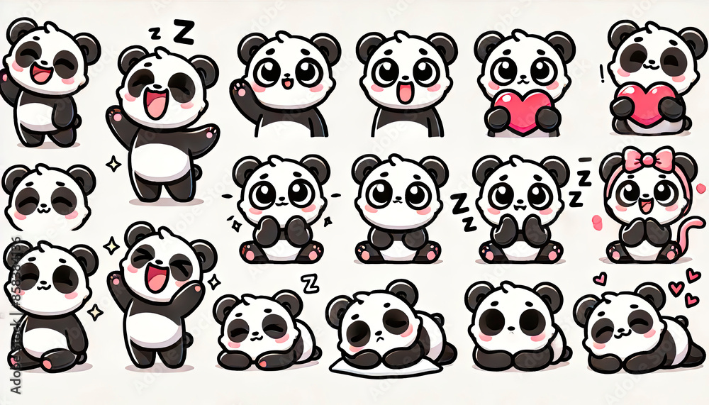 Fototapeta premium Cute cartoon panda stickers with various expressions and poses, perfect for children’s products, educational materials, merchandise, stationery, and playful designs.