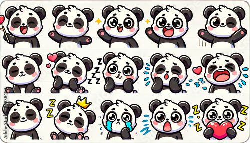 Cute cartoon panda stickers with various expressions and poses, perfect for children’s products, educational materials, merchandise, stationery, and playful designs. © AI ART WORLD