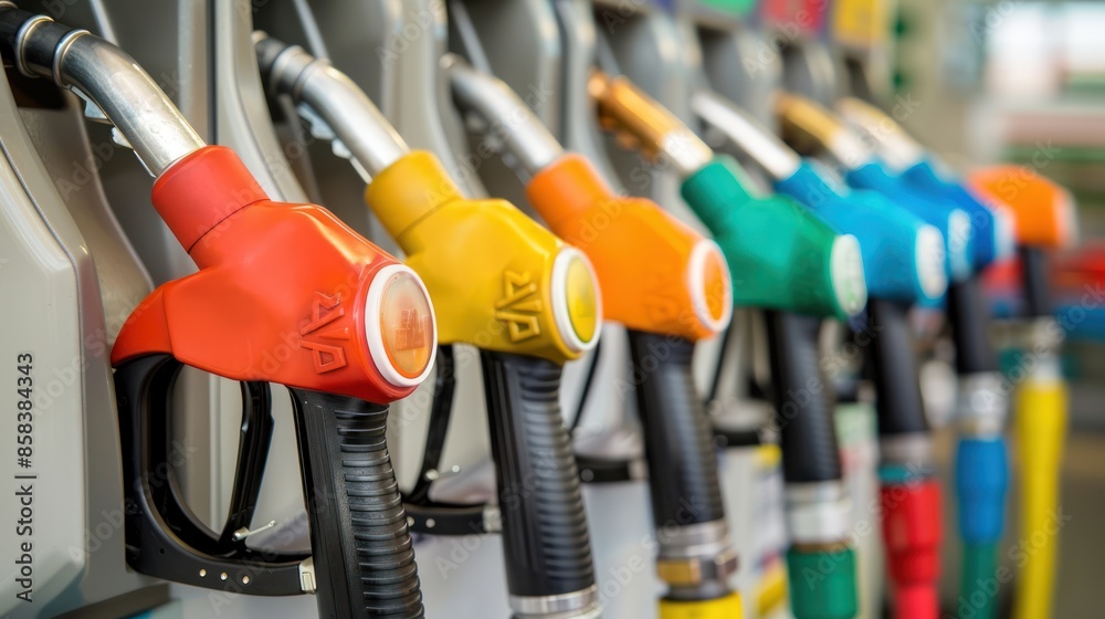 A row of fuel pumps at a gas station, with colorful fuel options and clear signage, against a neutral background providing ample copy space A row of fuel pumps at a gas station, with colorful fuel options and clear signage, against a neutral background providing ample copy space