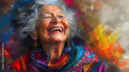 laughing senior woman with silver hair and colorful shawl radiating joy and wisdom digital painting