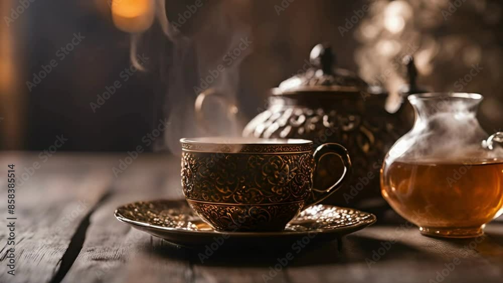 Asian tea at a stone temple with a signature cup Asian tea at a stone temple with a signature cup