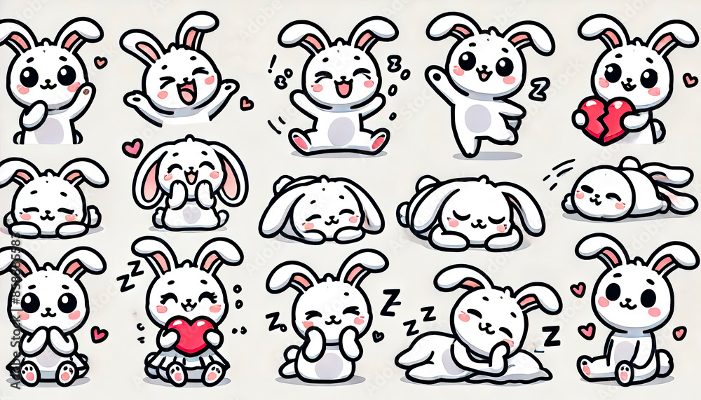 Cute cartoon bunny stickers with various expressions and poses, perfect for children’s products, educational materials, merchandise, stationery, and playful designs. Cute cartoon bunny stickers with various expressions and poses, perfect for children’s products, educational materials, merchandise, stationery, and playful designs.
