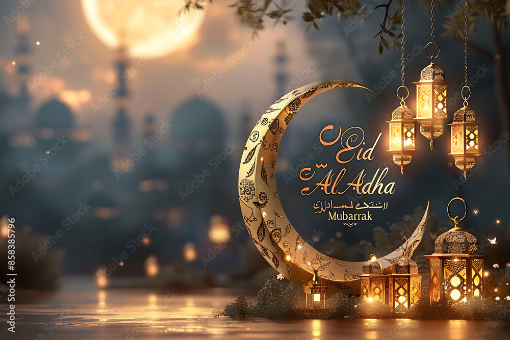 Golden Arabic Calligraphy Of Ramadan With 3D Crescent Moon, Hanging Lit ...
