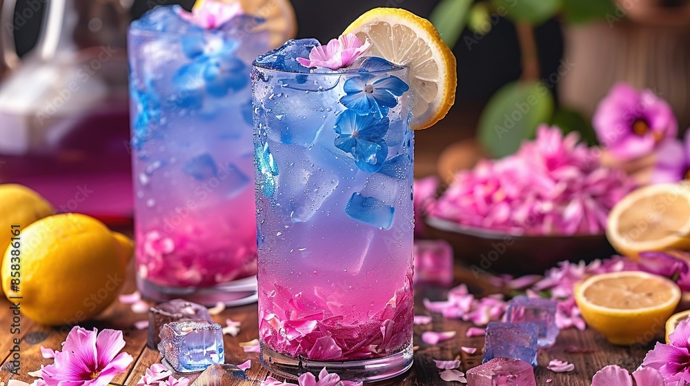 A close-up of two glasses holding drinks sits atop a table surrounded by vibrant flowers and tangy lemons A close-up of two glasses holding drinks sits atop a table surrounded by vibrant flowers and tangy lemons