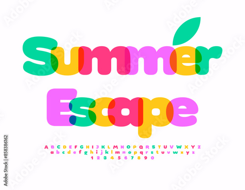 Vector colorful banner Summer Escape. Sunny White 3D Font. Creative set of Alphabet Letters and Numbers.