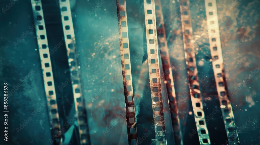 Fototapeta premium Vintage film strips with dust and scratches on a teal background