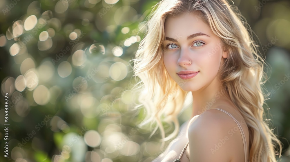 A blonde woman with a nose ring is smiling at the camera. Generate AI image A blonde woman with a nose ring is smiling at the camera. Generate AI image