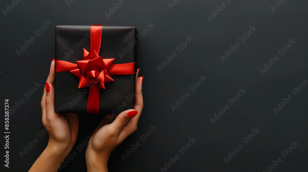 Black Friday sale concept: A woman's hand holding a black gift box with a red bow against a black background. Symbolizing discounts and shopping excitement. Black Friday sale concept: A woman's hand holding a black gift box with a red bow against a black background. Symbolizing discounts and shopping excitement.