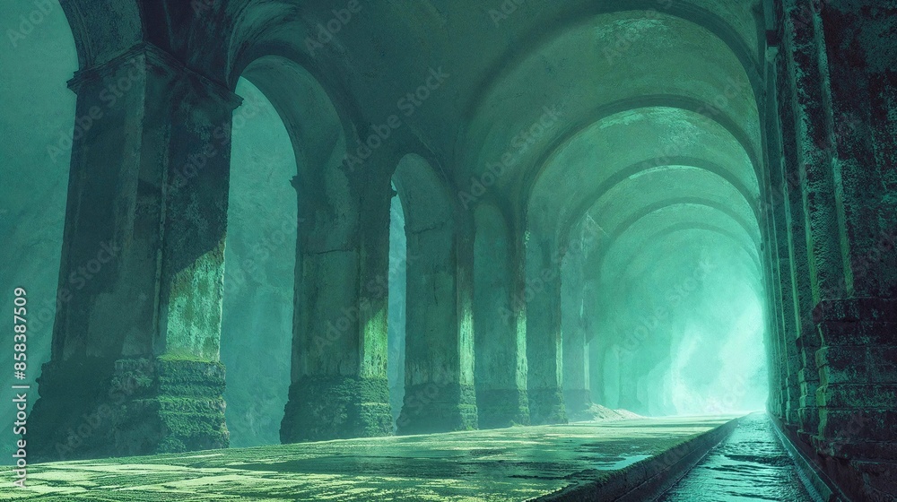 Naklejka premium Mysterious Arched Corridor with Greenish Light