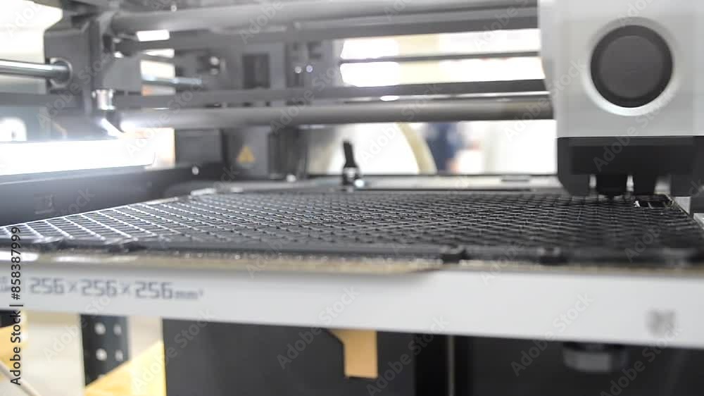 3D printer close up. A working 3D printer in process of printing object from molten plastic. 3D printer creating model by flowing liquid plastic from an extruder of printer. 3D printing technology 3D printer close up. A working 3D printer in process of printing object from molten plastic. 3D printer creating model by flowing liquid plastic from an extruder of printer. 3D printing technology