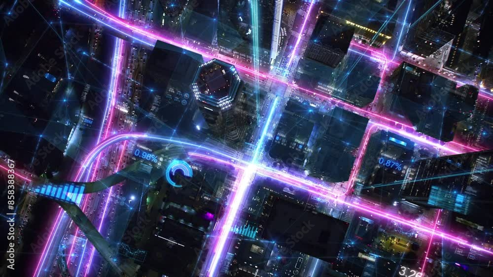 High Speed Internet Rays Passing Through Busy Smart City Downton Overhead Aerial Shot. 5g High Speed, Wireless Communication Network Concept. Internet of Things, Information Communication Technology, High Speed Internet Rays Passing Through Busy Smart City Downton Overhead Aerial Shot. 5g High Speed, Wireless Communication Network Concept. Internet of Things, Information Communication Technology,